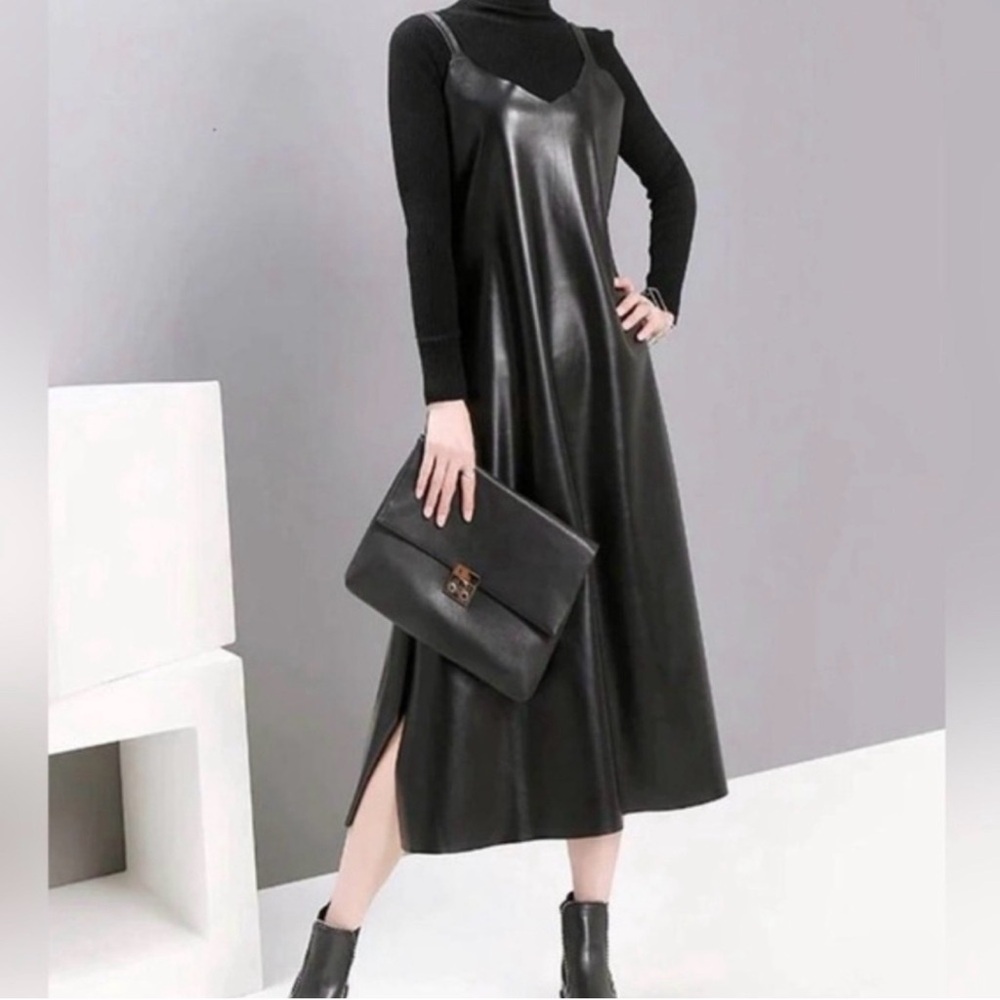 Marigold Shadows Bakaitis Vegan Leather Spaghetti Strap Dress